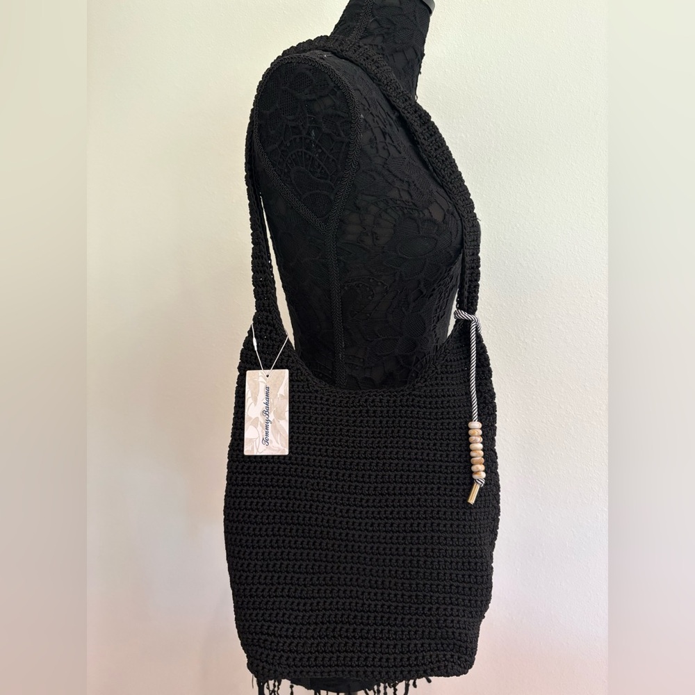 Tommy Bahama Black Handwoven Crochet Shoulder Bag with Bead Tassel